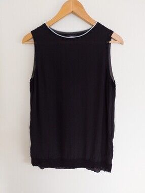 Theory Lewie Silk Combo Black Sleeveless Shell Top Knit Trim Medium